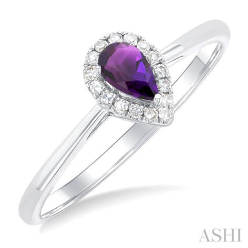 5x3 MM Pear Shape Amethyst and 1/20 Ctw Single Cut Diamond Halo Semi-Precious Ring in 14K White Gold